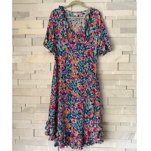 TYLER BOE Isabella 100 Silk Ruffle V-Neck Hem Flounce Sleeve Floral Midi Dress M